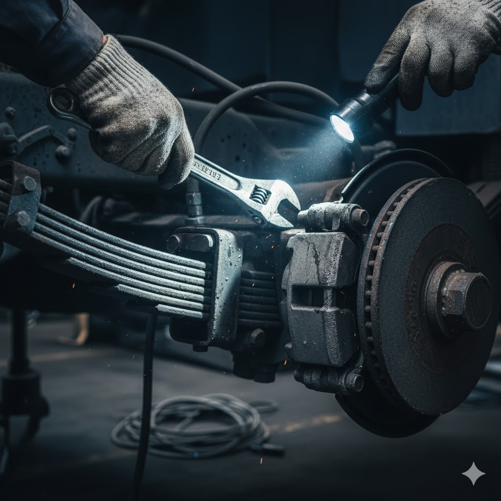Técnico reparando un camión