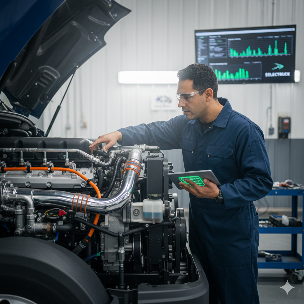 Técnico de Selectruck revisando el motor de un camión